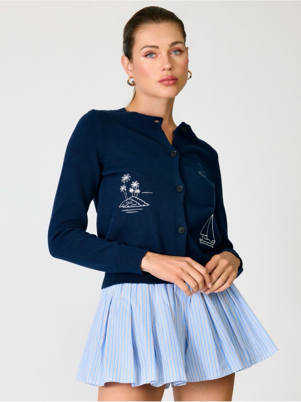 Line & Dot Navy Embroidered Nautical Cardigan